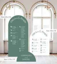 Load image into Gallery viewer, Wedding seating chart Large Arch sign free standing 3 signs, Panels with easel Entrance Sign Foam Board Custom text, color, Light Weight
