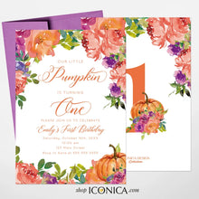 Load image into Gallery viewer, Pumpkin First Birthday Invitation, Fall in Love Bridal Shower Invitation,Fall Engagement party invitation,Floral Thanksgiving invitation