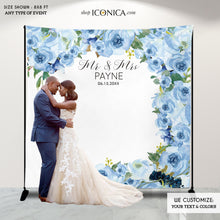 Load image into Gallery viewer, Wedding Backdrop Decor - Vinyl Backdrop - Party Decor Banner - Blue Flower Banner - Floral Backdrop - Bridal Backdrop BWD0049