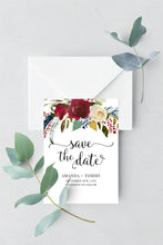 Load image into Gallery viewer, Boho Chic Wedding Invitation Burgundy Red Floral and Navy Feathers Invitation Printed Cards {Cherish Collection}
