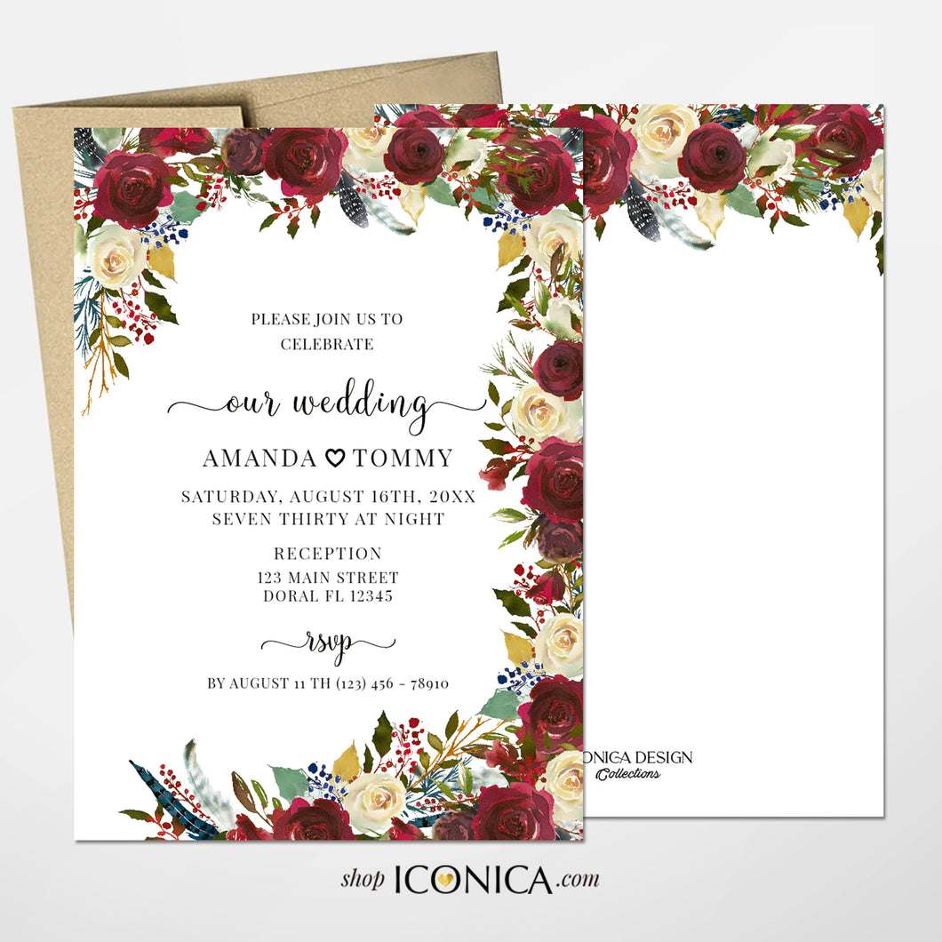 Boho Chic Wedding Invitation Burgundy Red Floral and Navy Feathers Invitation Printed Cards {Cherish Collection}