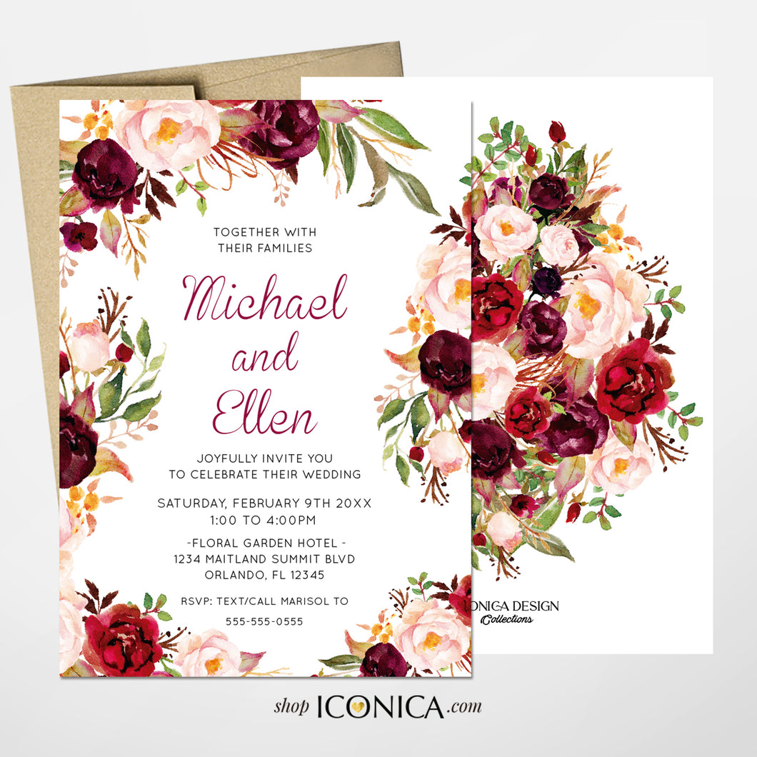 Wedding Invitations, Burgundy Pink and Navy Floral Invitation, Brigitte Collection - Marsala Red Burgundy