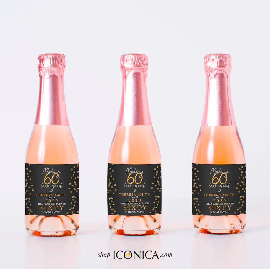 Mini Champagne Labels Personalized Set of 10, Custom Mini Bottle Labels, 60th Birthday Party Decor, Any text or Age