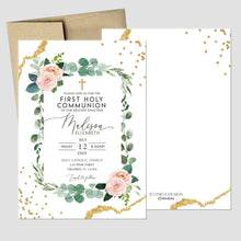 Load image into Gallery viewer, First Communion invitation girl, First holy communion invitation, Elegant Invitations Blush Pink Greenery Gold, invitaciones comunion