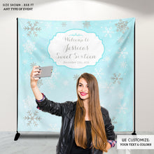 Load image into Gallery viewer, Winter Wonderland Sweet Sixteen Party Backdrop, Blue Watercolor Background, Snowflakes, Printed , Free Shipping, BBD0069
