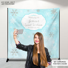 Load image into Gallery viewer, Winter Wonderland Sweet Sixteen Party Backdrop, Blue Watercolor Background, Snowflakes, Printed , Free Shipping, BBD0069