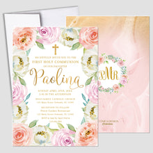 Load image into Gallery viewer, First Communion Invitation Girl Elegant Event Paper Set, Pink Purple Peach Floral and Marbled Design Communion Collection, Any Event