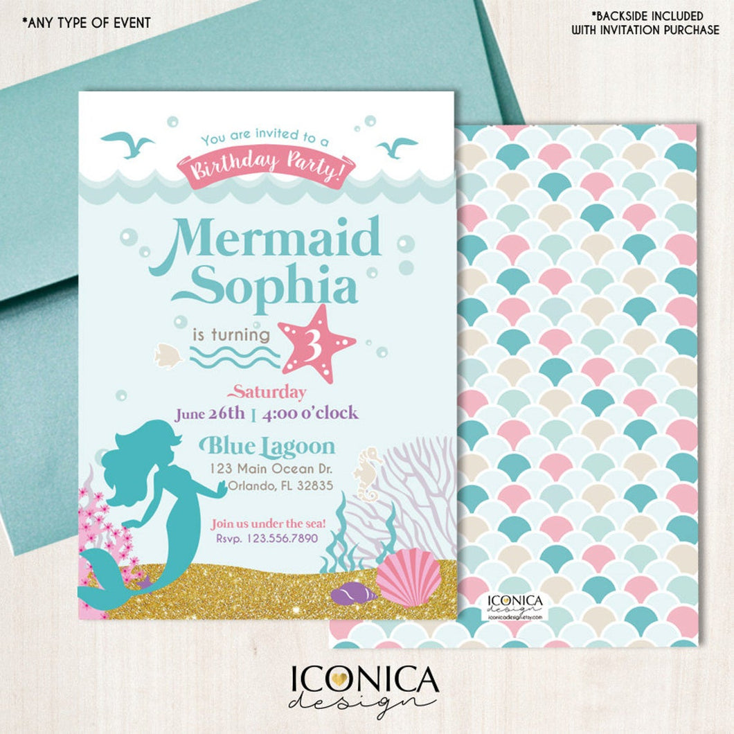 Mermaid Birthday Party Invitation - Under the Sea - Mermaid Summer parties Aqua Pink mermaid invitation | Printed or Printable File