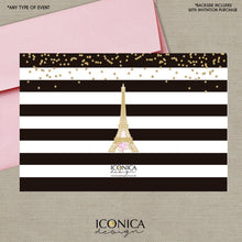 Load image into Gallery viewer, French Postcard Birthday Invitation BLACK & WHITE Stripes Paris Party Gold Glitter Floral Invite Printed or Printable Free Shipping IBD0022