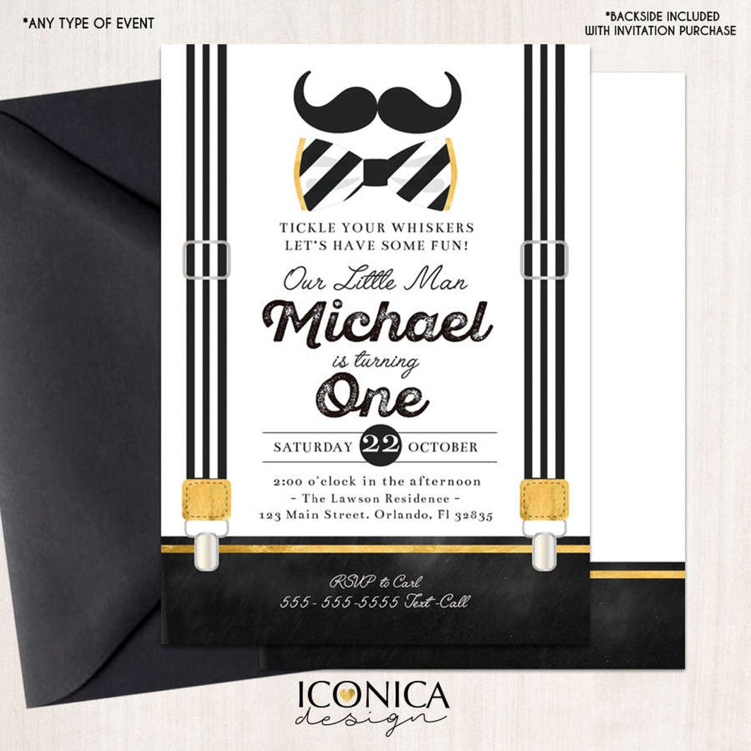 Little Man First Birthday Invitation Mustache Black and White Birthday Bowtie Party Any Age Printed or Printable File Free Shipping IBD0019