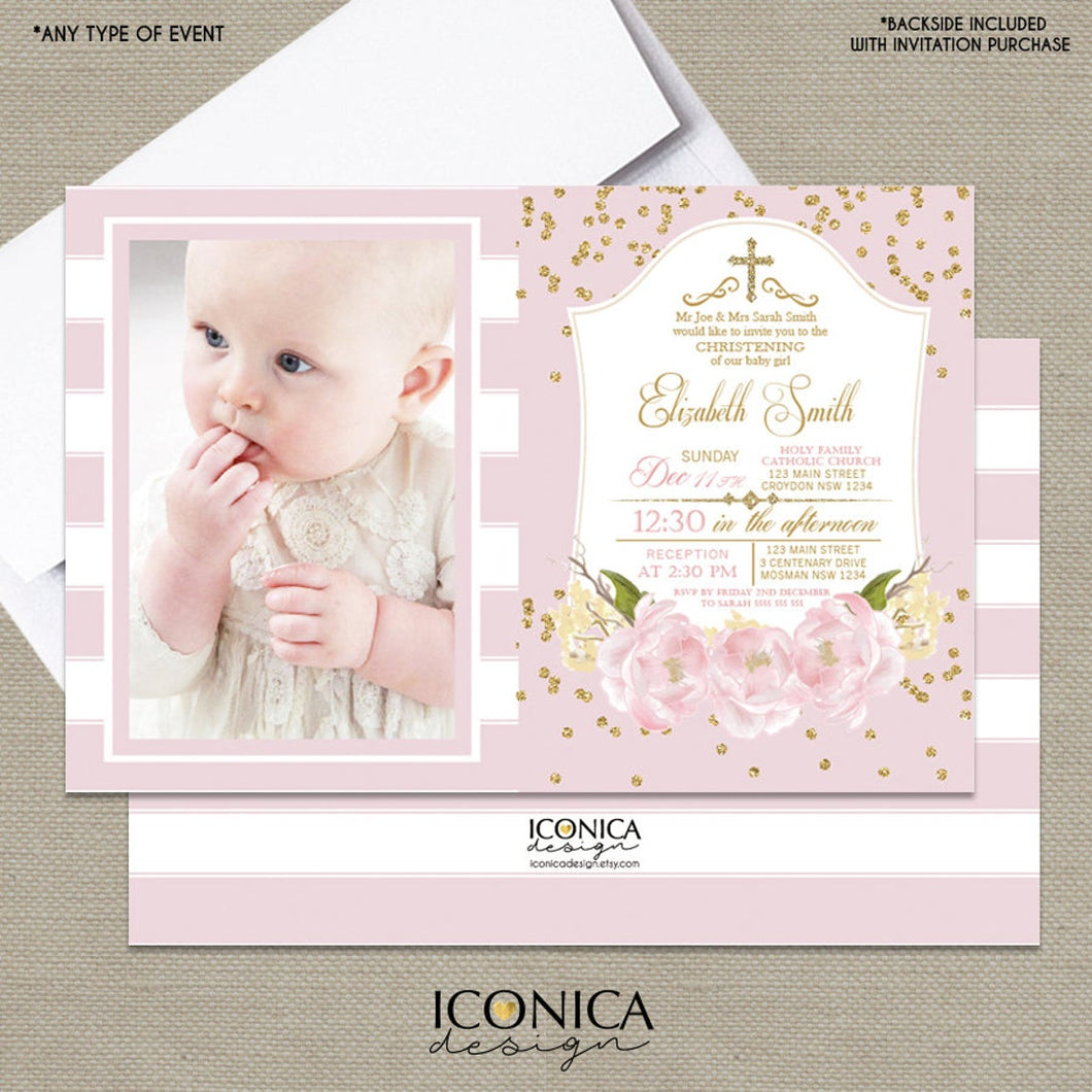 BAPTISM Invitation GOLD & PINK Gold Glitter Floral Invite Pink Peony Christening Party Invite Printed - Printable File Free Shipping ICH0001