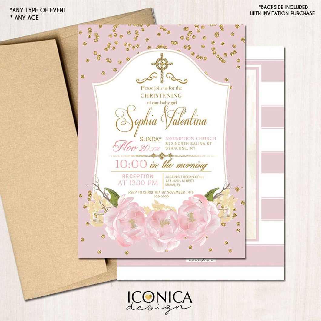 Christening Invitation, Gold & Pink Gold Glitter Floral Invite Pink Peony Baptism Party Invite Printed, Printable File Free Shipping ICH0002