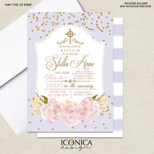 Load image into Gallery viewer, Floral Baptism Invitation Gold &amp; Lavender Stripes Pink Peony Christening Party Invite Printed Printable File Free Shipping Ibp0003
