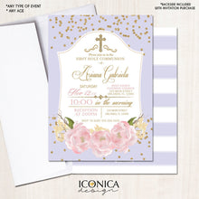 Load image into Gallery viewer, Floral First Communion Invitation Gold & Lilac Gold Glitter Pink Peony Party Invite Printed Or Printable File Free Shipping Ifc0004