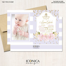 Load image into Gallery viewer, BAPTISM Invitations GOLD & Lilac Stripes Glitter Floral Invite Lilac Peony Christening Invite Printed OR Printable Free Shipping IBP0001