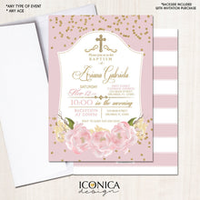 Load image into Gallery viewer, Baptism Invitation Gold & Pink Gold Glitter Floral Invite Pink Peony Christening Party Invite Printed - Printable File Free Shipping Ich0002