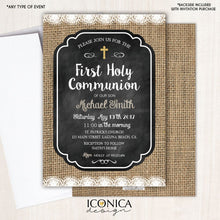Load image into Gallery viewer, First Communion Invitation Burlap Rustic Chalky Invite Lace - Chalky Communion Invitations - Printed or Printable File Free Shipping IFC0009