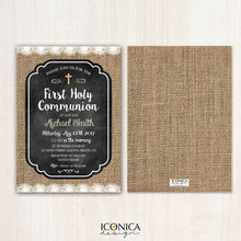Load image into Gallery viewer, First Communion Invitation Burlap Rustic Chalky Invite Lace - Chalky Communion Invitations - Printed or Printable File Free Shipping IFC0009