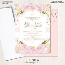 Load image into Gallery viewer, Floral First Birthday Invitation,Floral Pink and White Stripes Invite,Pink Peonies 1st Birthday Invitation,Printed Or Printable File IBD0034
