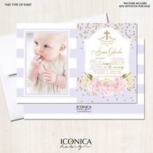Load image into Gallery viewer, BAPTISM Invitations GOLD &amp; Lilac Stripes Glitter Floral Invite Lilac Peony Christening Invite Printed OR Printable Free Shipping IBP0001
