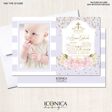 Load image into Gallery viewer, BAPTISM Invitations GOLD & Lilac Stripes Glitter Floral Invite Lilac Peony Christening Invite Printed OR Printable Free Shipping IBP0001