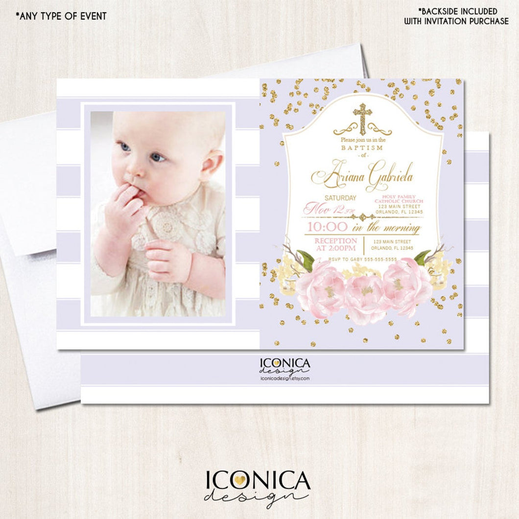 BAPTISM Invitations GOLD & Lilac Stripes Glitter Floral Invite Lilac Peony Christening Invite Printed OR Printable Free Shipping IBP0001