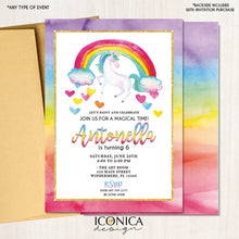 Load image into Gallery viewer, Unicorn Birthday Invitation Tie Dye | Rainbow Birthday Party | Art Party Invitation |Rainbow Watercolor Card - Any Age | Ibd0025