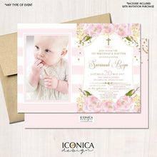 Load image into Gallery viewer, BAPTISM Invitation GOLD & PINK Gold Glitter Floral Invite Pink Peony Christening Party Invite Printed - Printable File Free Shipping IBP0005