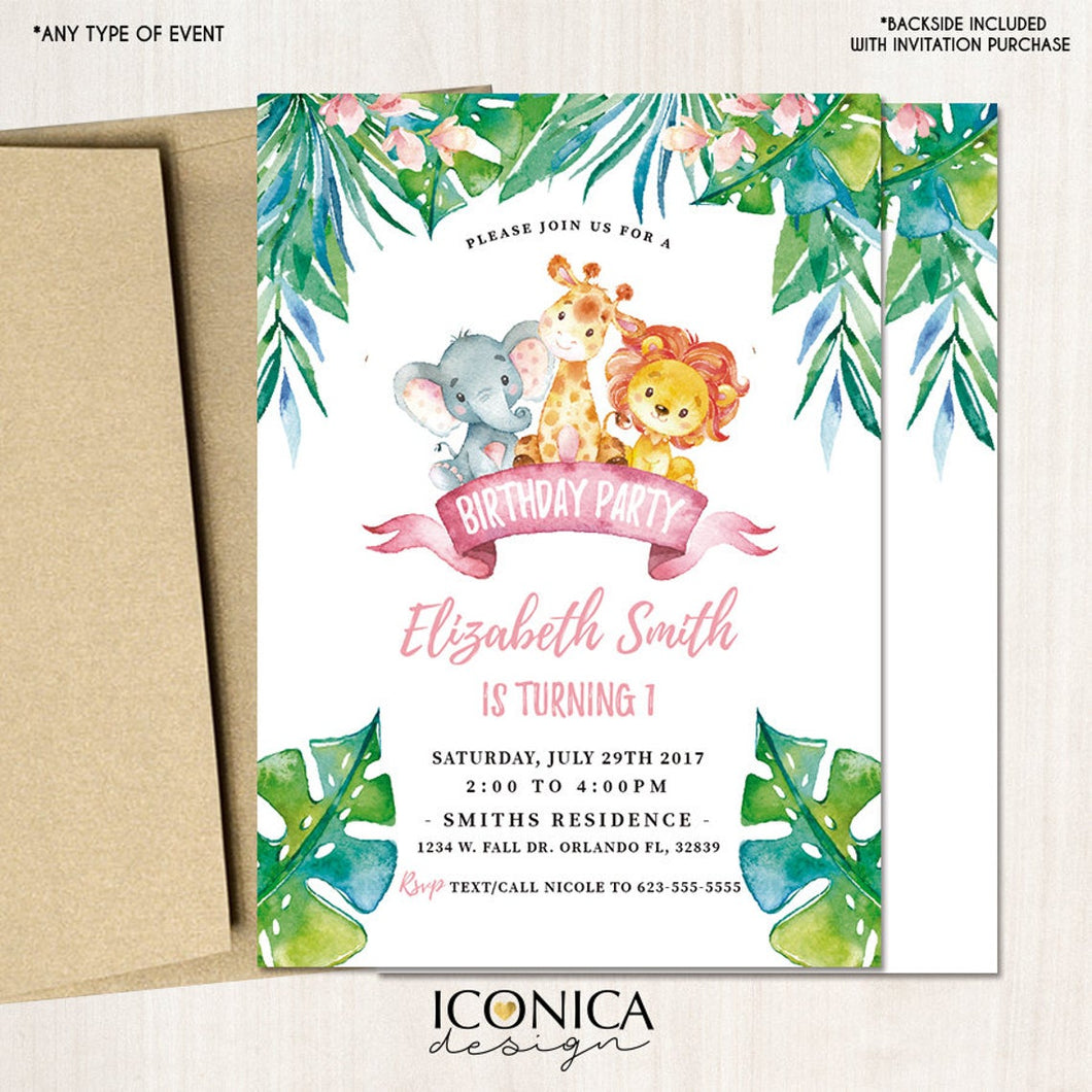 Safari First Birthday Invitations, any age, Party Animals, Jungle Party, Printed or Printable File, Free shipping