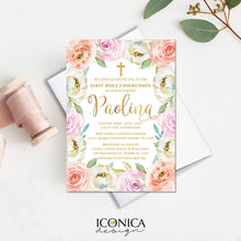 Load image into Gallery viewer, First Communion Invitation, Communion Invitation Pink Peach Lilac Floral Design, Pink Marble and Faux Gold Backer, Religious Invites,IFC0021