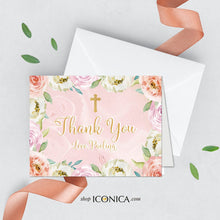 Load image into Gallery viewer, First Communion Invitation, Communion Invitation Pink Peach Lilac Floral Design, Pink Marble and Faux Gold Backer, Religious Invites,IFC0021