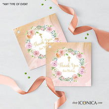 Load image into Gallery viewer, First Communion Invitation, Communion Invitation Pink Peach Lilac Floral Design, Pink Marble and Faux Gold Backer, Religious Invites,IFC0021