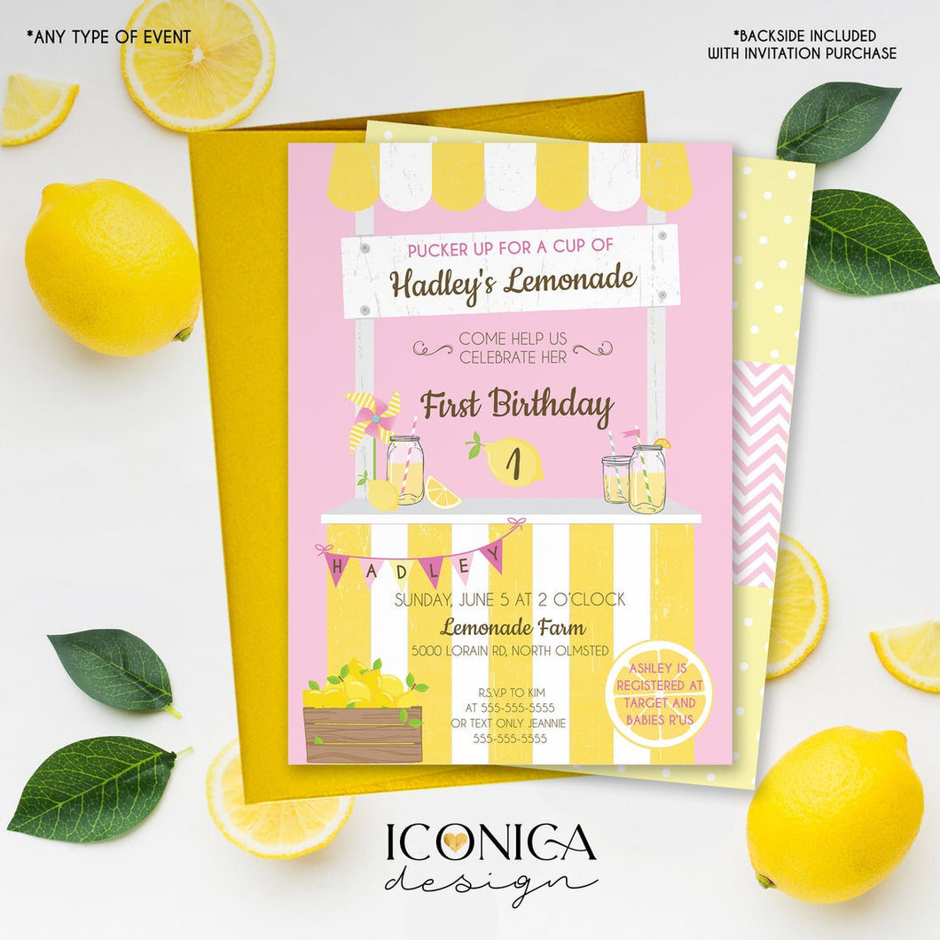 Lemonade First Birthday Invitation Or Any Age Lemonade And Sunshine - Pink Lemonade Party Mason Jar Lemonade Stand Printed Or Printable