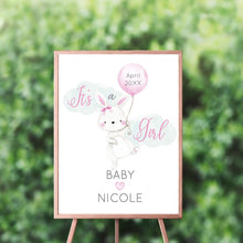 Load image into Gallery viewer, Baby Shower Bunny Gender Reveal Welcome Sign, Bunny Baby Shower Sign, Easter ,  Spring Parties, Gender Reveal Welcome Sign, Elegant Bunny, It&#39;s A boy, Personalized
