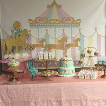 Load image into Gallery viewer, Carousel Party Backdrop First Birthday Any Age Girls Baby Shower Banner Girl Circus Banner Pastel Colors Printed Bbd0005