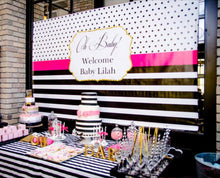 Load image into Gallery viewer, Glam Black And White Stripes Birthday Banner Bridal Baby Shower Backdrop Modern Black White Stripes Gold Glitter Printed Or Printable File