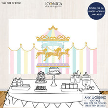 Load image into Gallery viewer, Carousel First Birthday Backdrop, Any age, Carousel Party Decor, Pink Carnival Backdrop, Pastel Colors, Printed

