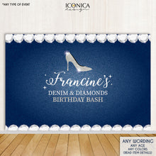 Load image into Gallery viewer, Denim And Diamonds Birthday Party Backdrop,Denim Party Banner,Any Event Gold Silver,Printed Or Printable File BBD0061