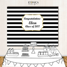 Load image into Gallery viewer, 30th Birthday Party Backdrop, Black And White Stripes Gold - Birthday Backdrop Any Age Or Event - Milestone Birthday Backdrop - Printed Bbd0052