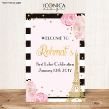 Load image into Gallery viewer, French Birthday Backdrop - Floral Party Backdrop - Black And White Stripes Banner, Any Event Gold Confetti Printed Or Printable File Bbd0046