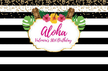 Load image into Gallery viewer, Tropical Luau Bridal Shower Backdrop Summer Parties - Floral Dessert Table Banner - Tiki Party Pool Party Printed