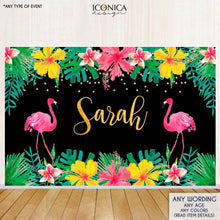 Load image into Gallery viewer, Flamingo Party Backdrop,Luau Photo Booth Backdrop,Let's Flamingle, Tiki Party Backdrop, Pool Party Banner,  Printed Or Printable File