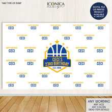 Load image into Gallery viewer, Basketball Photo Booth Backdrop, Custom Step and Repeat Backdrop, Basketball Birthday banner, Sports Party, Printed or Digital File BBD0087
