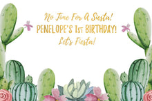 Load image into Gallery viewer, Cactus Party Backdrop, Bridal Shower Fiesta, Cactus Desert Party, Watercolor Flowers, Mexican Theme, Succulents, Printed
