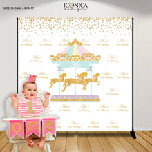 Load image into Gallery viewer, Carousel First Birthday Backdrop, Any age, Carousel Party Decor, Pink Carnival Backdrop, Pastel Colors, Printed
