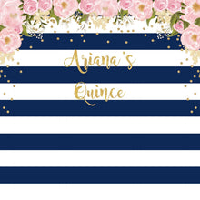 Load image into Gallery viewer, Navy and Pink Quinceanera Backdrop, Any Age, Gold Confetti, Printed Bbd0014