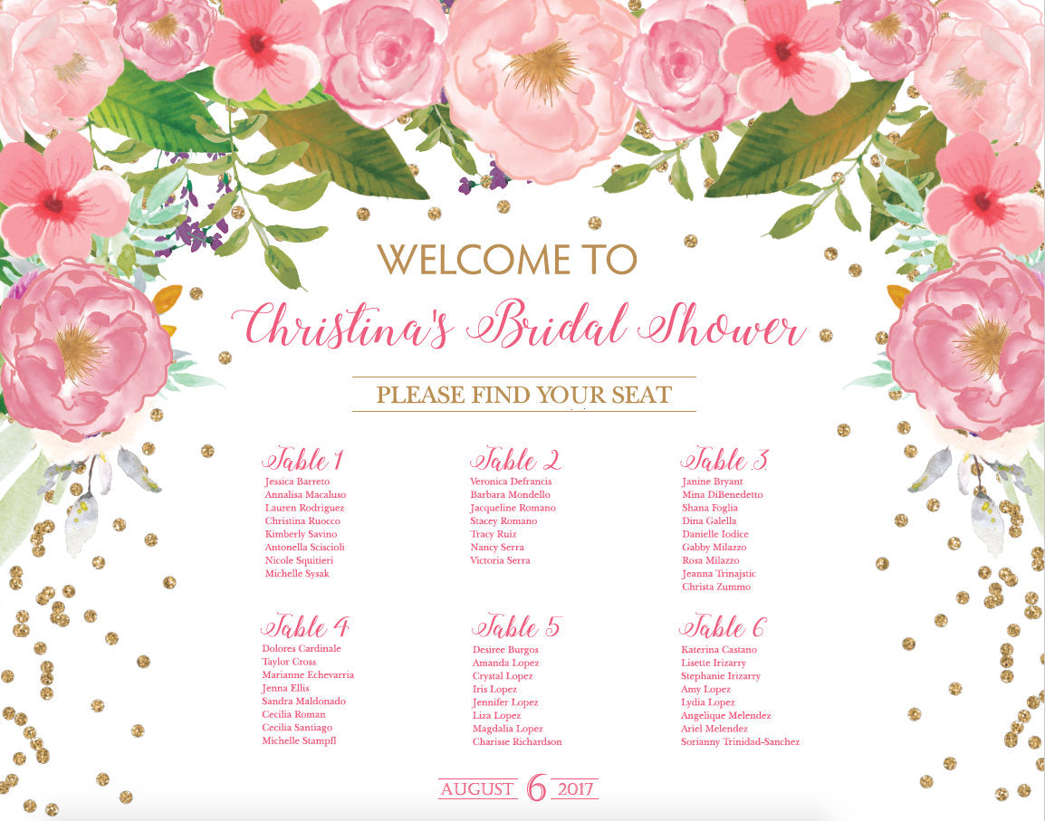 Bridal Shower Seating Chart Board, Floral Pink Gold Confetti, Printed