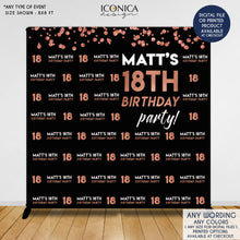 Load image into Gallery viewer, Birthday party Decor 18th Birthday Photo Booth Backdrop, Black and Faux Rose Gold backdrop, any age, Printed or Printable File BHO0027