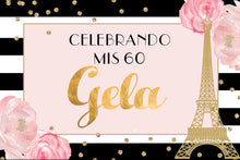 Load image into Gallery viewer, French Birthday Backdrop - Floral Party Backdrop - Black And White Stripes Banner, Any Event Gold Confetti Printed Or Printable File Bbd0046