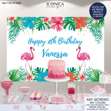 Load image into Gallery viewer, Flamingo Party Backdrop - Tropical Luau Photo Booth Backdrop - Let's Flamingle - Tiki Party Pool Party Printed Or Printable File BAE0007